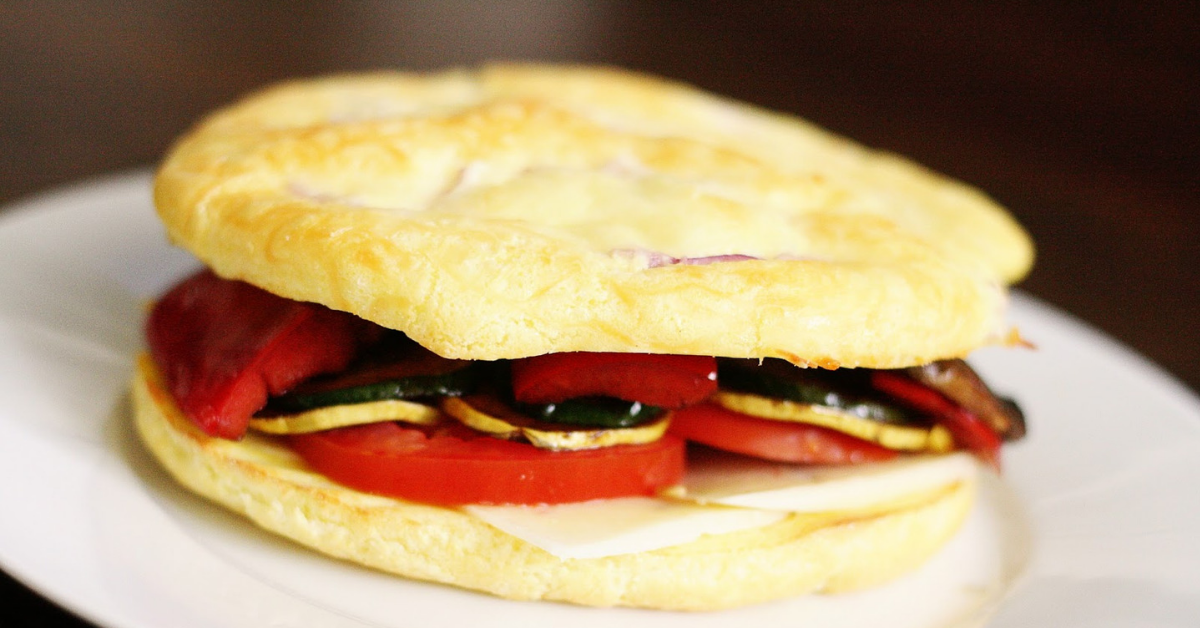 A sandwich made with the cheesy cloud bread from this recipe
